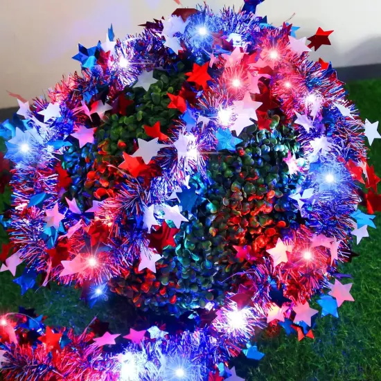 4th of July Patriotic Decorations, Red White and Blue Star Garland with 20Led Copper Fairy Lights, 2PACK Each 6.6Ft Tinsel Garland National Independence Day Decor Party Home Indoor {3}