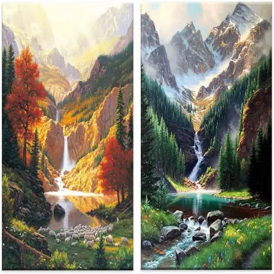 2-Piece Diamond Painting Kits for Adults，5D DIY Full Drill Round Art Gems Mountains Waterfall Diamond Art Perfect for Home Wall Deco Diamond Decor {1}