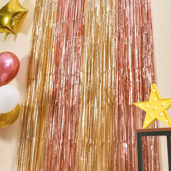 2 Pack Rose Gold Birthday Decorations, 3.3x6.6ft Pink and Gold Foil Fringe Curtains, Tinsel Streamers Backdrop Photo Booth Props for Bridal Shower Ballerina Valentine's Party Decor {3}