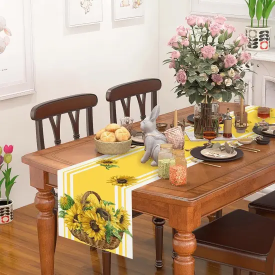 Linen Sunflower Fall Table Runner Farmhouse Sunshine 72 Inches Long Farmhouse Spring Summer Autumn Fall Home Kitchen Dinging Room Table Decoration 13x72 Inch {4}