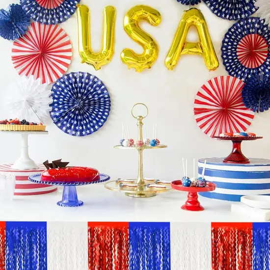 6 Pack 10 Feet White Blue Red Wave Foil Fringe Garland Metallic Tinsel Streamers Banner Wall Hanging Curtain Backdrop {3}