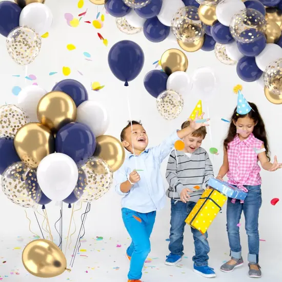 Navy Blue Gold Balloons Set, 50 pcs 12 inch Metallic Gold Navy Blue White Confetti Latex Balloons Kit {2}
