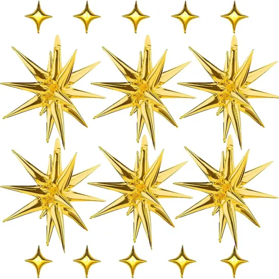 6 Pcs Explosion Star Foil Balloons- 12 Point Star Balloons,Gold Spike Balloons and 10Pcs Four Pointed Star Balloos for Party Supplies Christmas Birthday Wedding Photo Booth {1}