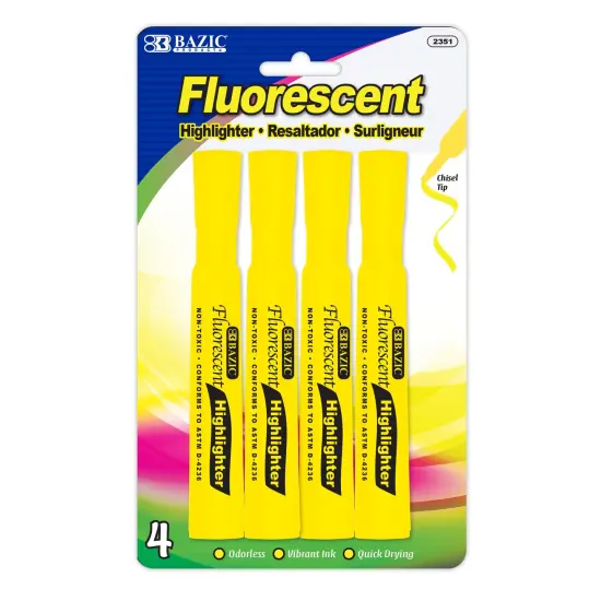 BAZIC Desk Style Fluorescent Highlighters Yellow (4/Pack) {1}