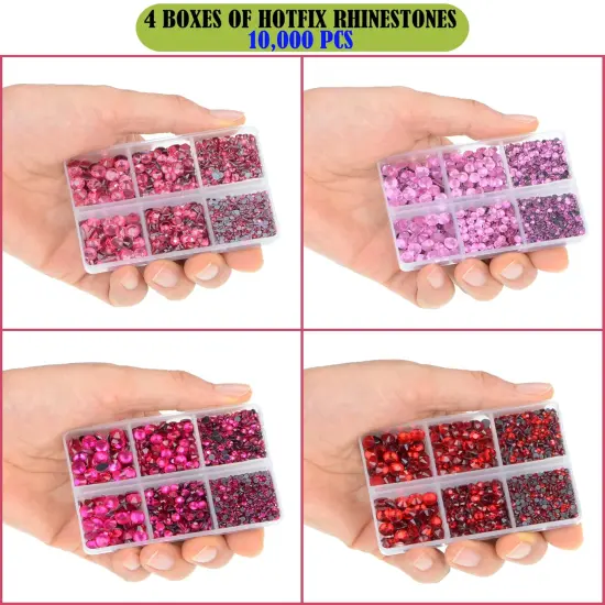 10000pcs Hotfix Rhinestones Flatback Glass Red Pink Fuchsia and Rose Rhinestone with Tweezers and Picking Pen for Crafts Clothes Nail Art {2}