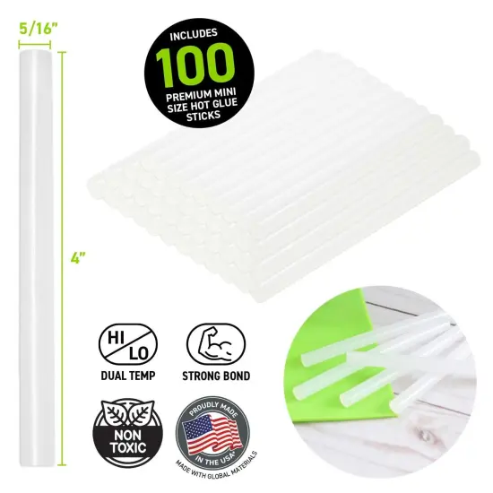 DT-100 Made in the USA All Purpose Stik-Mini Glue Sticks-All Temperature-5/16"D, 4"L Hot Melt Glue Sticks-100 Sticks per bag, Clear {3}