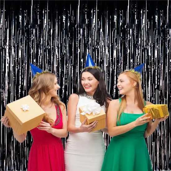 2pcs 3ft x 8.3ft Black Metallic Tinsel Foil Fringe Curtains Photo Booth Props for Birthday Wedding Engagement Bridal Shower Baby Shower Bachelorette Holiday Celebration Party Decorations {5}