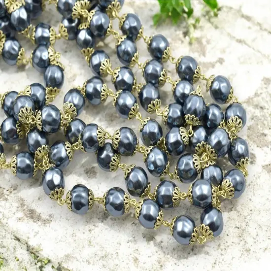 10mm Czech Glass Blue Pearl Chain w/Gold Caps {2}