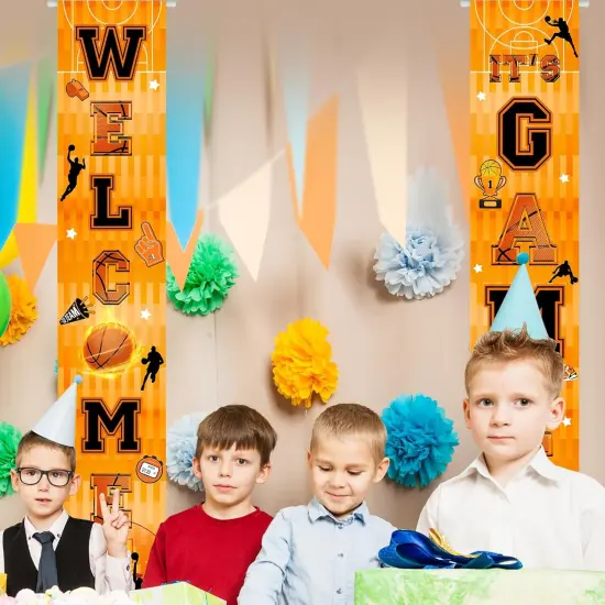 Basketball Party Banner Welcome It's Game Time Porch Sign Sport Basketball Hanging Door Banner for Basketball Birthday Baby Shower Party Decorations, Orange {4}