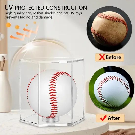 Baseball Display Case UV Protected Acrylic Clear Hexagon Baseball Holder for Tennis Balls,Coins,Memorabilia,with 1 Ball and 2-Coin Racks for Official Size Ball (Hexagon 2 Pack) {4}