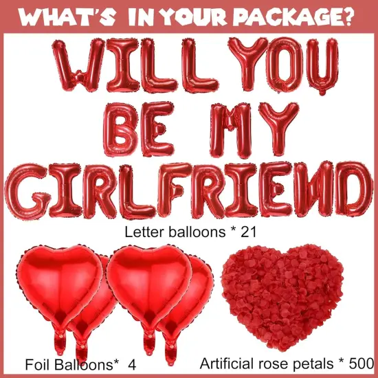 Will You Be My girlfriend - 525 Pcs Balloons Decorations Kit Heart Letter Foil Balloons Red Rose Petals For Girls Women Romantic Special Night Engagements Proposals Valentines Day Party Supplies {2}