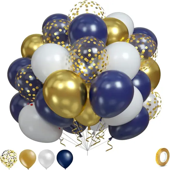 Navy Blue and Gold Balloons, 60pcs 12 Inch Navy Blue Pearl White Balloon Set with Metallic Chrome Gold Confetti Balloon Latex Helium Party Balloons for Boys Men Birthday Wedding Graduation Decorations {1}