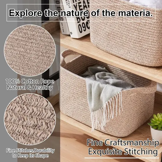 Summer baskets Cotton Rope Woven Storage Baskets for Shelves, Rectangle Storage Bins with Handles, Towel Basket - 13"&times;9.85"&times;8.7", Brown {5}