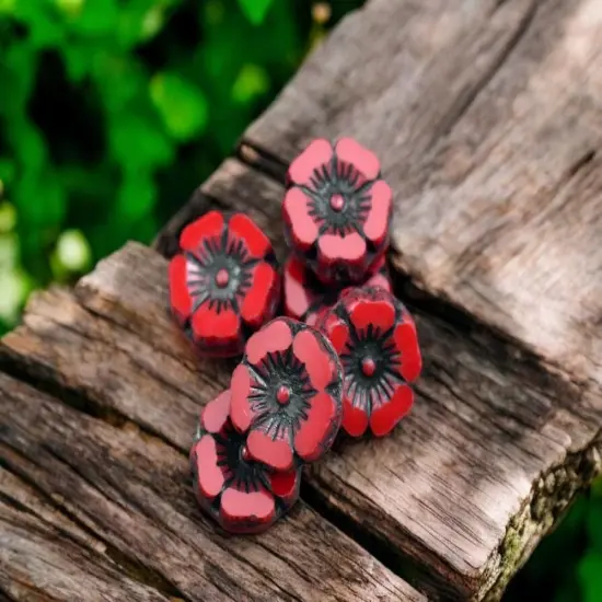 *12* 12mm Black Inlayed Opaque Red Hawaiian Flower Beads {2}