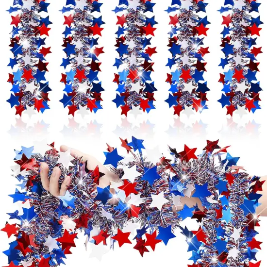 2 Pcs 80 Feet Memorial Day Patriotic Garland Decoration 4th of July Red White Blue Star Independence Day Tinsel Garland Metallic Tree Garland Glitter Tinsel Hanging Twist for Holiday Day Decor {1}