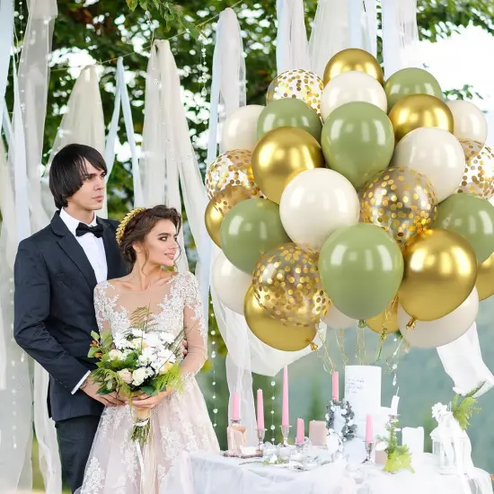 Sage Green and Gold Balloons, 50 PCS Sage Green Party Balloons, 12 Inch Metallic Gold Confetti Avocado Green Sand White Latex Balloons for Birthday Jungle Safari Wedding Baby Shower Party Decorations {5}