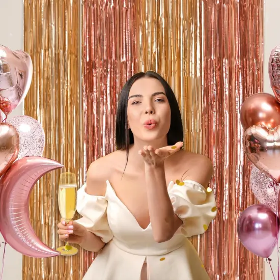 2 Pack Rose Gold Birthday Decorations, 3.3x6.6ft Pink and Gold Foil Fringe Curtains, Tinsel Streamers Backdrop Photo Booth Props for Bridal Shower Ballerina Valentine's Party Decor {2}