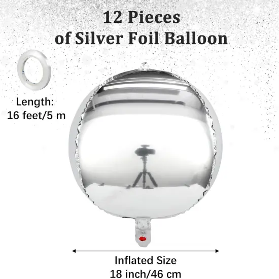 12 Pieces 18 inches Silver Foil Balloons 4D Foil Mylar Mirror Metallic Balloon Round Silver Chrome Party Decorations For Birthday Party Supplies {2}