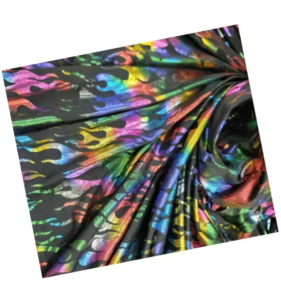 Multicolor Rainbow Flames Stretch Pleather on Black Foil Spandex {5}