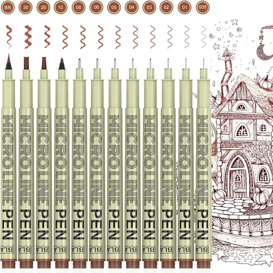 Sepia Micro Pen Set, 12 Assorted Sizes Fineliner Ink Art Drawing Pens, Water-Resistant Archival Ink Multiliner Pens for Illustration Technical Sketching Manga Scrapbooking Journaling Zentangle {1}