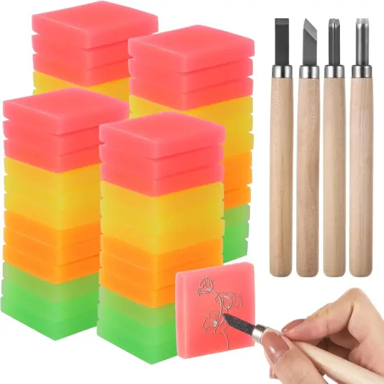 52 Pcs Linoleum Blocks Kit, Luminous Rubber Stamp Carving Blocks with 4 Carving Tools, Block Printing Kit for Printmaking, Square Colored Rubber Blocks for DIY Crafts {1}