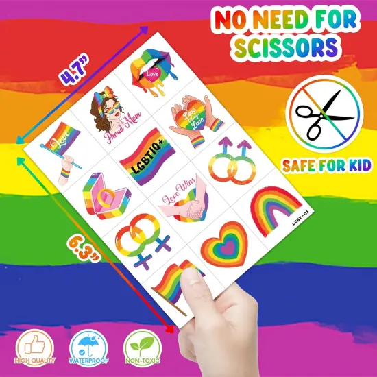 96PCS Happy Pride Month LGBT Rainbow Flag Pre-Cut Fake Tattoo Stickers, School Rewards & Gifts Boys & Girls {4}