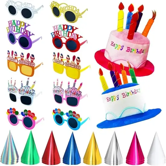 2pcs Plush Happy Birthday Hats, 10pcs Funny Birthday Glasses, 24pcs Party Cone Hats for Adults Teens, BDParty Costume Accessories {1}