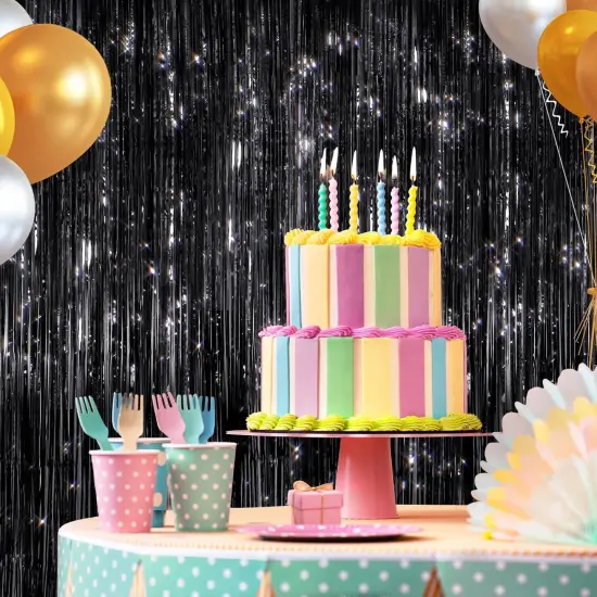 2 Pack Black Metallic Tinsel Foil Fringe Curtains, Door Streamers Photo Booth Backdrop for Birthday Party, Tinsel Curtain Backdrop for Baby Shower Bachelorette Christmas Party Decorations {3}