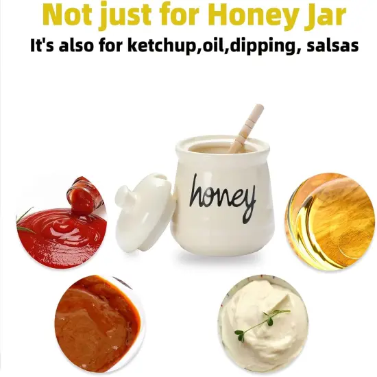 Honey Jar with Dipper and Lid, Ceramic Honey Pot 12oz, Beige {3}