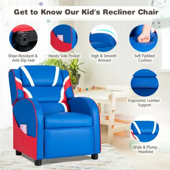 Kids Adjustable Recliner Chair with 2 Side Storage Pockets Ideal for Children Room or Home Theater Blue {6}