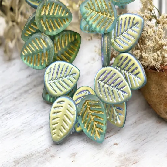 *15* 16x12mm Gold Washed Matte Aqua Blue AB Top Drilled Dogwood Leaf Beads {2}