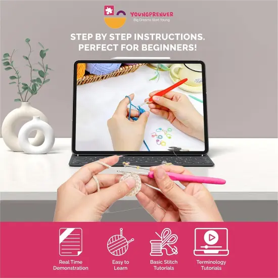 Beginner Crochet Kit for Adults | Crochet Plants Set of 6 Potted Plant Family | Crochet Kits for Starters | Crochet Flowers | Stitch-by-Stitch Video Tutorial | Gift for Kids (12+) {4}