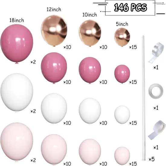 146Pcs Retro Rose Baby Pink Champagne White Sand Balloons Garland Arch Kit, Latex Balloons Different Sizes 18 12 10 5 Inch for Party Decorations, Wedding Backdrop, Birthday, Graduation {2}
