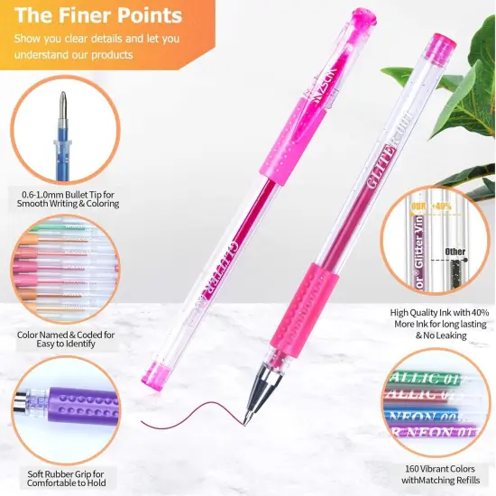 320 Pack Gel Pens for Adult Coloring Book, 160 Colors Artist Pens Include 156 Gel Pens, 4 Metallic Sparkle Pen with 160 Refills, Fine Tip Metallic Glitter Gel Pens for Drawing Doodling Art Supplies {2}