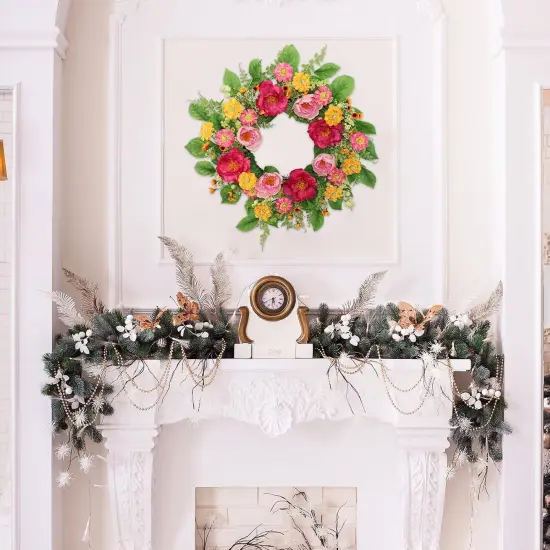 22 inch Artificial Summer Wreaths for Front Door, Rose Peony Wreath Front Door with Berry Green Leaves Suitable for Summer for Wall Door Farmhouse Holiday Decorations (Pink) {4}