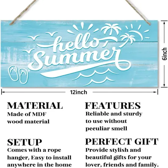 Hello Summer Sign Decor, Sign Decor, Hanging Wood Sign Home Decorative, Printed Wood Wall Art Sign, Summer Welcome Sign, Beach House Door Hanger, Ocean Theme Coastal Decorations for Home or Farmhouse {2}