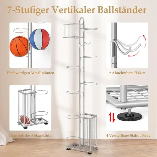 7-Tier Metal Ball Storage Rack with 2 Baskets & Hooks &ndash; Vertical Space-Saving Organizer for Basketball, Football, Volleyball, Gear | Indoor/Outdoor Garage, Gym, Kids&rsquo; Room {3}
