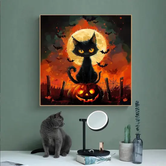 Halloween Cat Diamond Art Painting Kits for Adults, Round 5D Full Drill Diamond Dots Paintings Set for Beginners DIY Crafts {2}