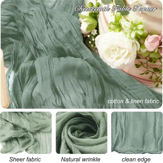 8 Pack 10Ft Sage Green Cheesecloth Table Runner 35x120 inch Boho Gauze Cheese ClothsTable Runners Long Wrinkled Sheer Romantic Table Runner for Wedding Bridal Shower Birthday Party Table Decor {2}