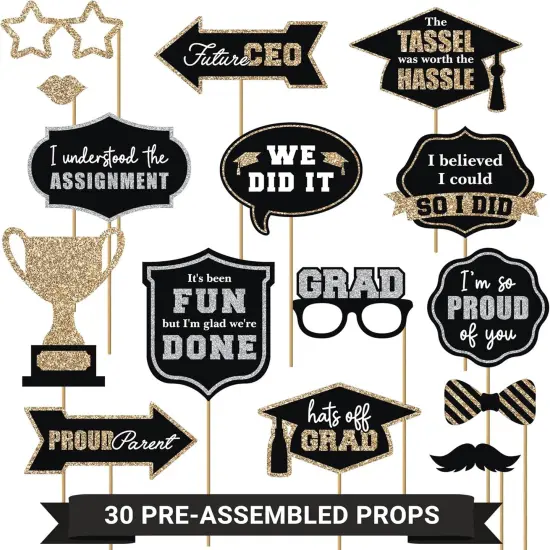 Fully Assembled Graduation Photo Booth Props - Set of 30 - Class of 2025 Graduation Selfie Signs - Congrats Grad Party Supplies & Decorations - with Real Gold & Silver Glitter - Did We Mention No DIY {5}