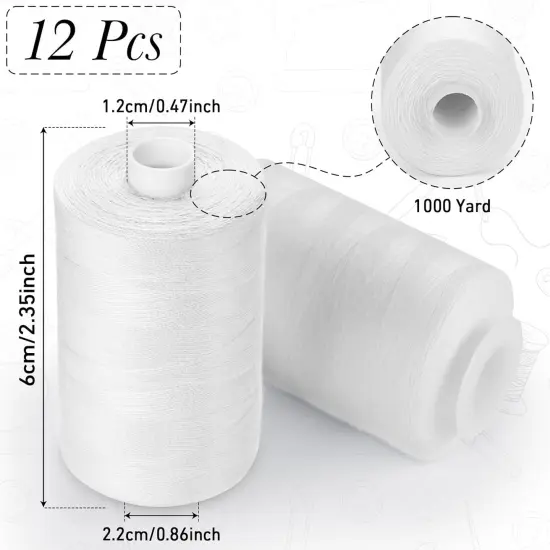Sewing Thread, 12 Spools of 1000 Yards Each White Polyester All Purpose Thread for Sewing Machine/Hand Sewing/Hand Quilting {3}