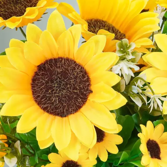 Set of 3 Artificial Sunflowers Metal Pot Centerpiece Farmhouse Sunflowers Floral Arrangements with Rectangle Wooden Planter 11" for Rustic Wedding Spring Summer Home Kitchen Table Shelf D&eacute;cor {2}