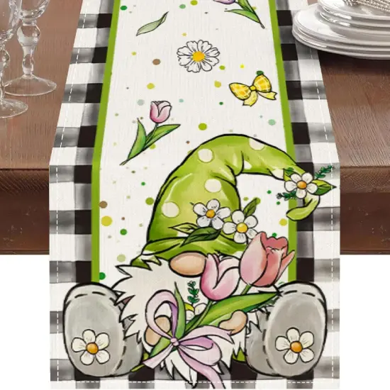 Tulip Gnome Table Runner 13x72 Inch Seasonal Spring Summer Green Plants Kitchen Dinning Table Decoration for Indoor Outdoor Birthday Home Party Decor {1}
