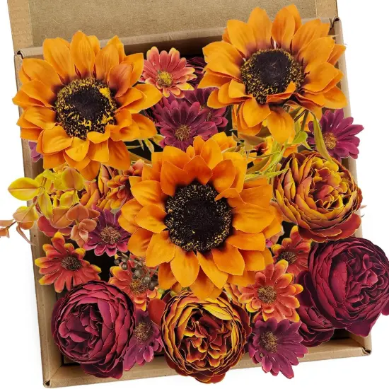 3Pcs Artificial Fall Flowers Faux Mums Sunflower {1}