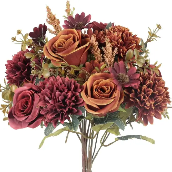 2 Colors Fake Roses Silk Bouquets with Hydrangea Autumn Faux Flowers {1}