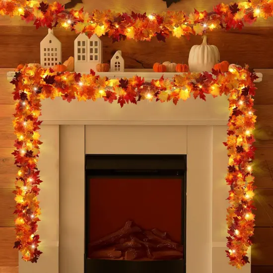 2 Pack Fall Maple Leaves Garland with LED Light 5.7 Feet Artificial {1}
