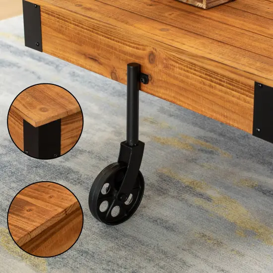 Vintiquewise Large Rustic Vintage Industrial Wooden Coffee Table with Detailed Wood Grain Metal Accents and Black Cast Iron Cart Wheels Perfect for Farmhouse and Loft-Style Interiors {6}