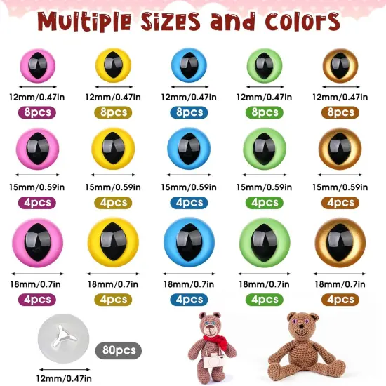 80Pcs Safety Eyes for Amigurumi with Washers,12/15/18mm {2}