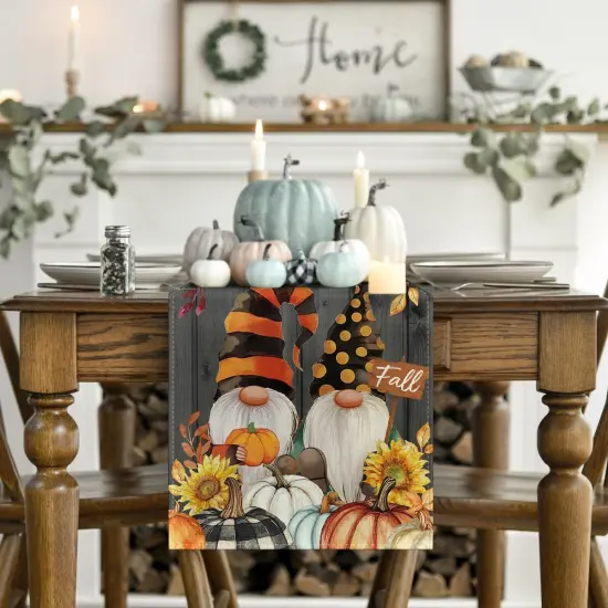 Fall Gnomes Pumpkins Sunflower Maple Leaves Thanksgiving Table Runner, 13 x 72 Inch {2}