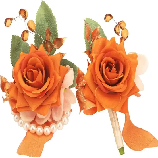Burnt Orange Rose Wrist Corsage and Boutonniere Set {1}